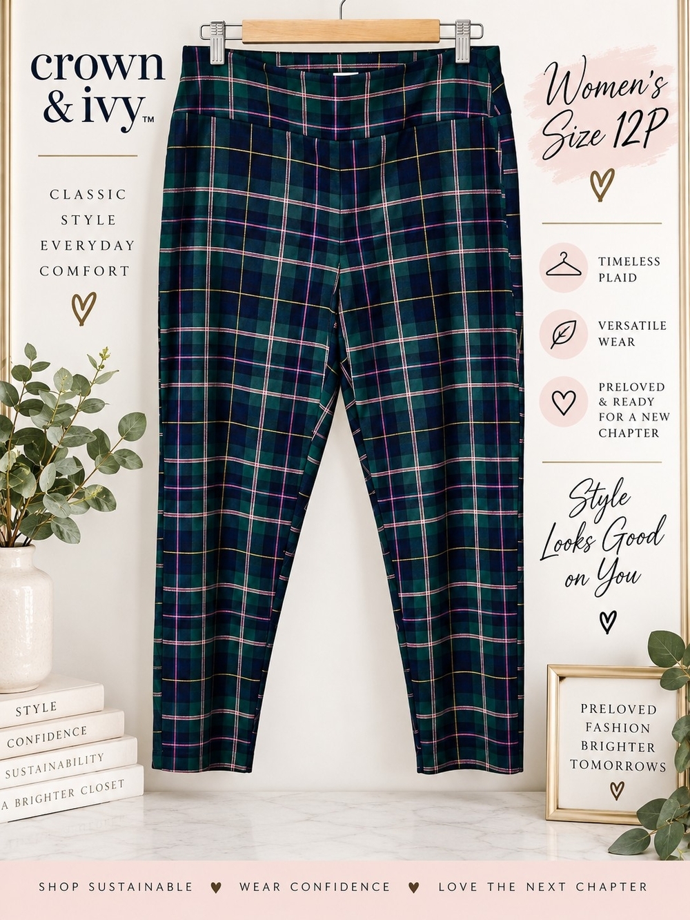 crown & ivy Navy, Green & Pink Plaid Skinny Pants